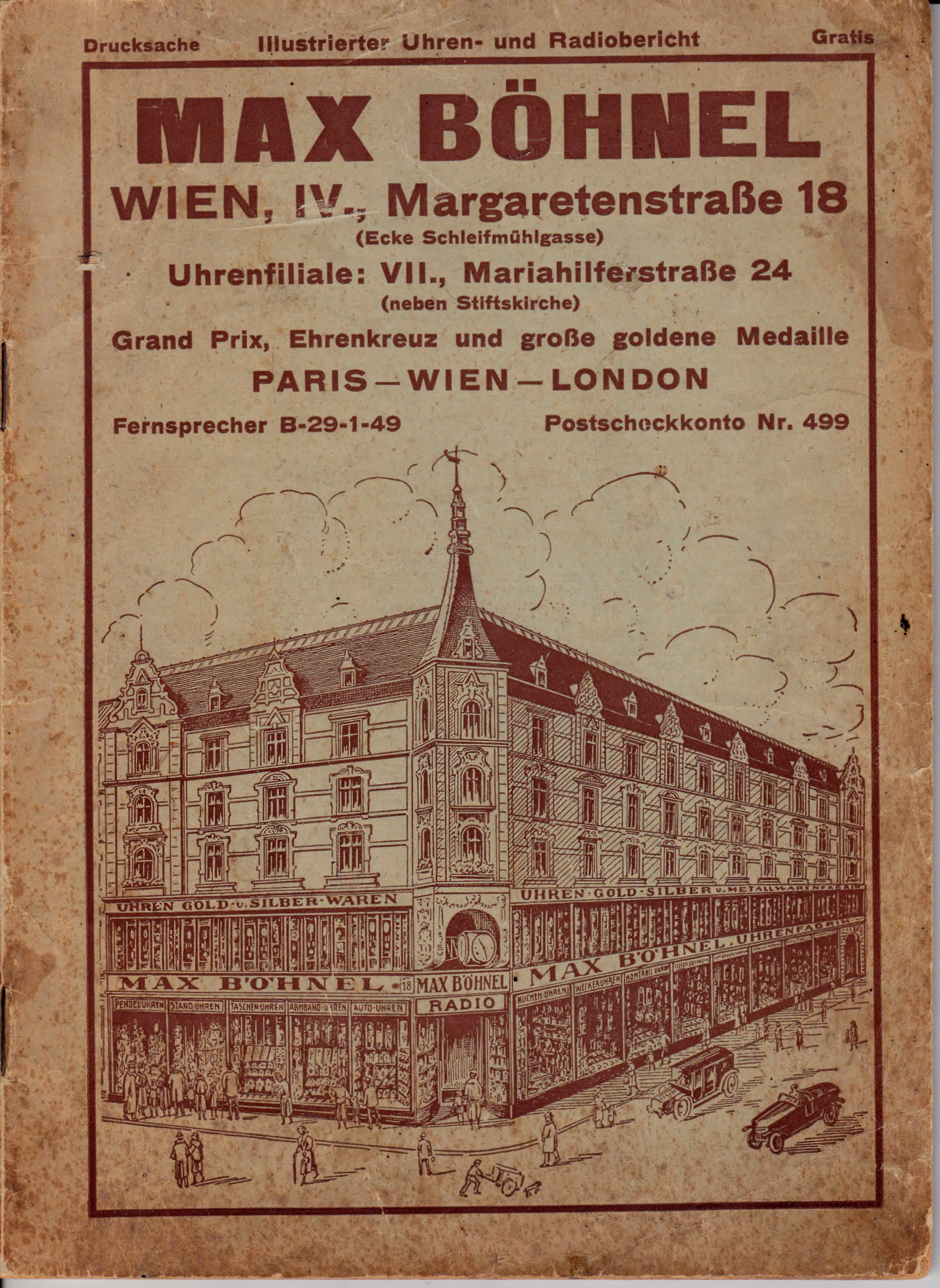Historische Werbeillustration des Wiener Stammhauses Böhnel – das Eckhaus an der Margaretenstraße mit beleuchteten Auslagen